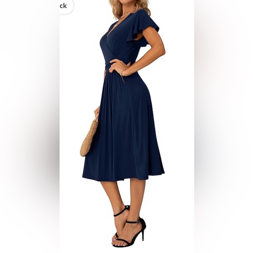 Women Dress ,Wrap V Neck ,Ruffles Short Sleeve , Empire Waist Navy Blue L